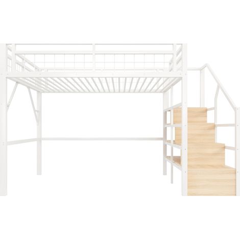 Letto a soppalco 140 x 200 cm in metallo bianco con LED e scala contenitore (1/5)
