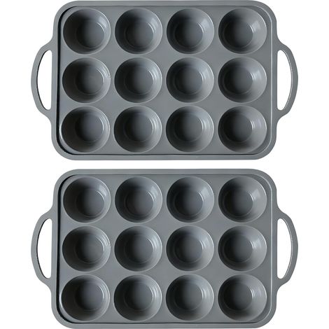 2 Pièces Moules à Muffins en Silicone avec Cadre en Métal Stable, Plaque à Muffins 12 Cavités Antiadhésif pour Cupcakes, Brownies & Gâteaux, Compatible Four & Lave-vaisselle, Sans BPA (Gris),Parent,-