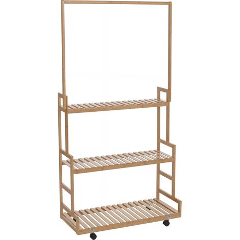 Bambus Pflanzenregal HHG-376, Blumentreppe Blumenständer Pflanzentreppe, Stange 3 Ablagen Rollen 175x93x38cm natur