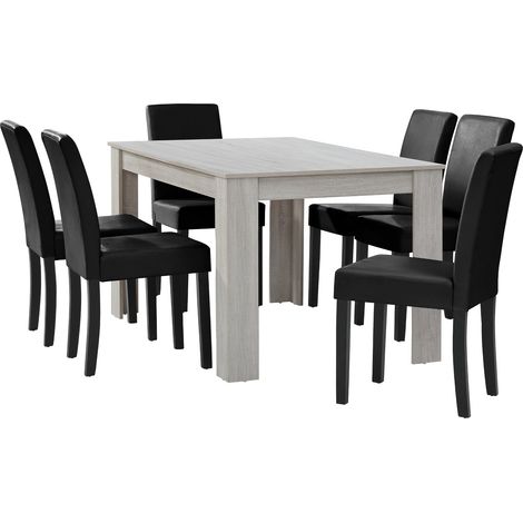 Mesa de comedor de roble blanco con 6 sillas de cuero sintético acolchado negro 140x90 cm 030004042