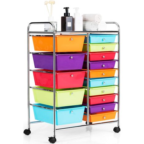 GOPLUS Chariot à roulettes avec 15 Tiroirs, Cadre en Fer&Tiroirs en Plastique, Chariot de Rangement à 4 Roulettes, 2 avec Frein, pour Chambre, Bureau, 63 x 37 x 87 CM (Multicolore) (1/5)