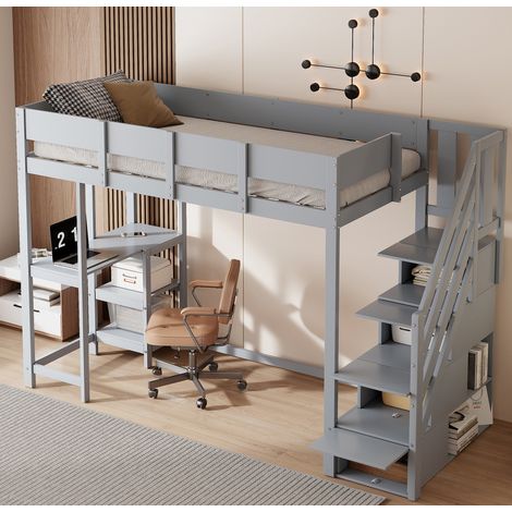 Cama alta dormitorio con almacenaje gris OKMYHOME (1/5)