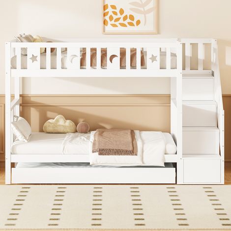 Lit superposé bois massif 90x200cm avec lit tirant 90x190cm, échelle sécurisée, tiroirs de rangement, sommier lattes, blanc, pour chambre enfant (1/5)