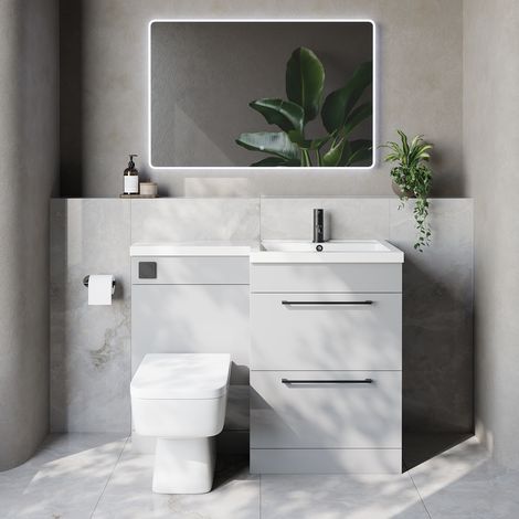 Napoli 460 Gloss Grey Pearl 1100mm 2 Drawer Vanity Unit Toilet Suite with Right Hand Square Lucia Basin - 1100mm - Matt Black 320mm HandleWith Kingston Toilet Pan and Seat