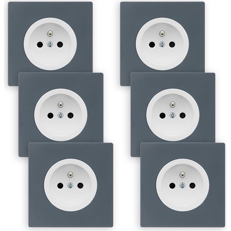 6 prises 2P+T blanc glossy DOM + 6 plaques simples blue grey (1/5)