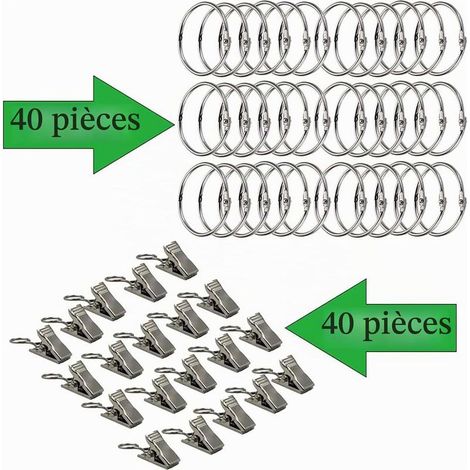 40 Gardinenringe mit Clips, dekoratives Metall, 40 mm Innendurchmesser, silberfarben, leicht zu öffnen. (1/5)
