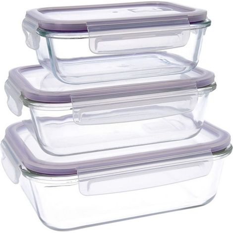 Quid Frost Set di 3 contenitori ermetici per alimenti con coperchio, rettangolari, con valvola per microonde, senza BPA, in vetro (1/3)