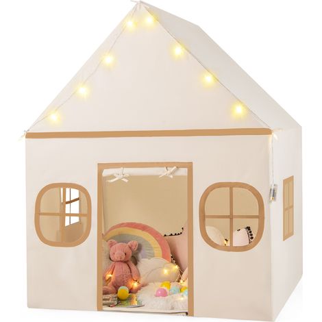 Tente enfant marron en polyester-coton avec fenêtres, rideau, lumières étoiles et base antidérapante pour chambre et salle de jeux (1/5)