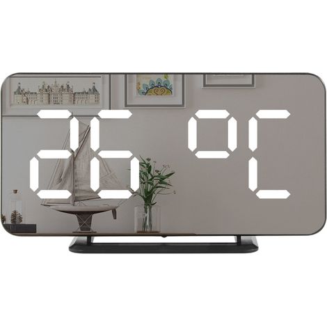 Reloj despertador digital LED espejo, muestra temperatura, doble alarma repetición, formato 12/24h, 3 niveles brillo, montaje pared o sobremesa, para dormitorio salón oficina (1/5)