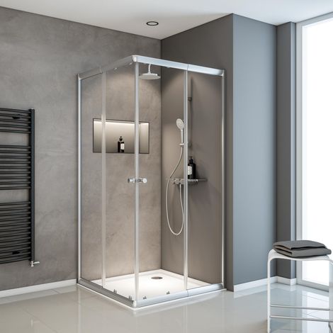 Schulte – Duschkabine Sunny Eckeinstieg 75-90 cm – 180 cm hoch – 4 mm Sicherheitsglas – 2 Schiebetüren – Silberfarben – Montage auf Duschwanne oder Fliese (1/5)