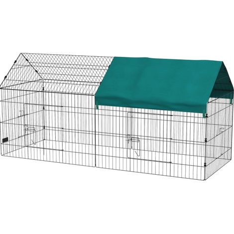 Enclos pour petits animaux avec toit, 4 portes, acier et polyester, 220x85x103 cm, vert/noir (1/5)