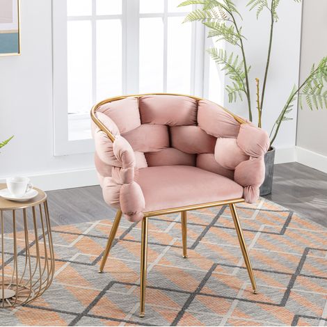 Poltrona moderna in velluto, sedia da toeletta con braccioli e gambe in metallo dorato, rosa (1/5)