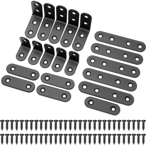 10 Pcs Équerre de Fixation et 10 Pcs Supports de Fixation Droits Plats, Plaques de Jonction en Acier Inoxydable avec 60 Vis pour Bois, Étagères, Meubles, Fenêtres et Armoires, Noir (1/5)
