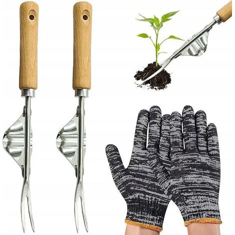 Attrezzi per estirpare le erbacce, 2 pezzi in acciaio inox + guanti da giardinaggio (1/3)