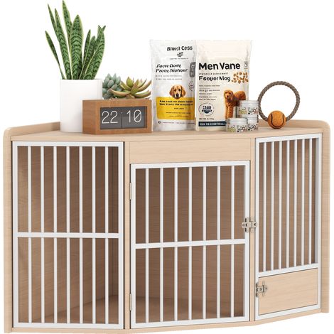 Cage d'angle pour chien - PawHut - table d'appoint - avec porte rotative - pour petits et moyens chiens - 113 x 80 x 64 cm - chêne
