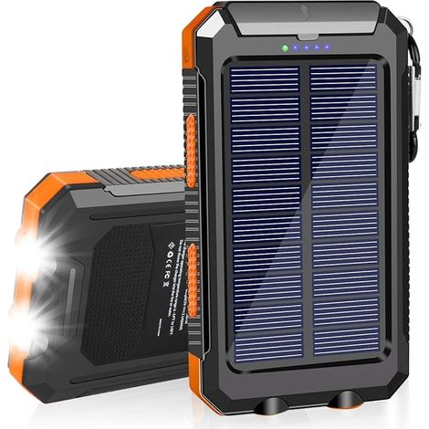 Wasserdichter tragbarer Solarlader 2025, 20.000 mAh, mit zwei 5V USB-Anschlüssen und LED.
