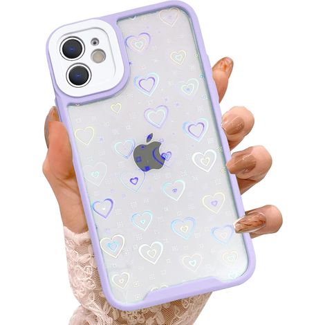 COQUE APPLE IPHONE 11 CADRE VIOLET DOS TRANSPARENT HOLO COEURS (1/5)