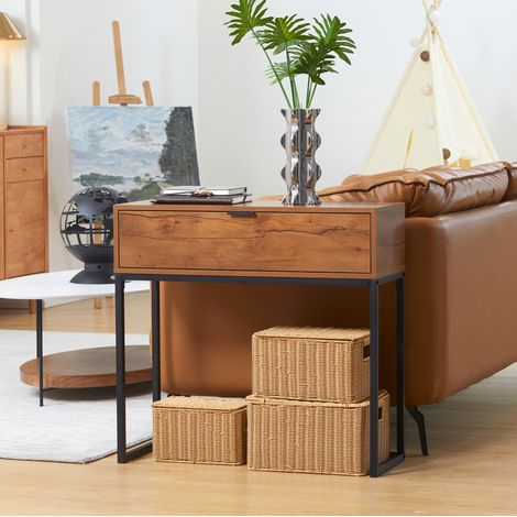 Table console 80x30x76 cm bois naturel en panneaux de particules avec tiroir style industriel (1/5)