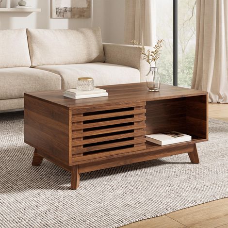 Couchtisch Modern Retro, höhenverstellbare Tischplatte, verschiebbare Jalousietür, Walnuss-Optik, MDF-Korpus, multifunktionaler Wohnzimmertisch (1/5)