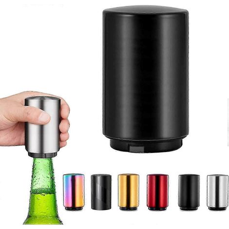 Ouvre-bouteille automatique à bouton-poussoir en acier inoxydable, cadeau pour homme, accessoire de cuisine pour homme, noir. (1/4)