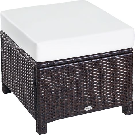 Outsunny Rattan Footstool Wicker Ottoman with Padded Seat Cushion Outdoor Patio Furniture for Garden Poolside Living Room, 50 x 50 x 35 cm, Brown