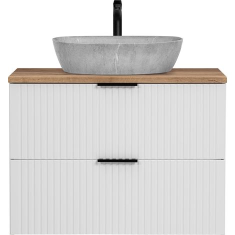 Waschtisch 80cm mit Aufsatzbecken in Betonoptik, weiß mit Eiche Nb., Front gerillt, ADELAIDE-56-WHITE (1/5)