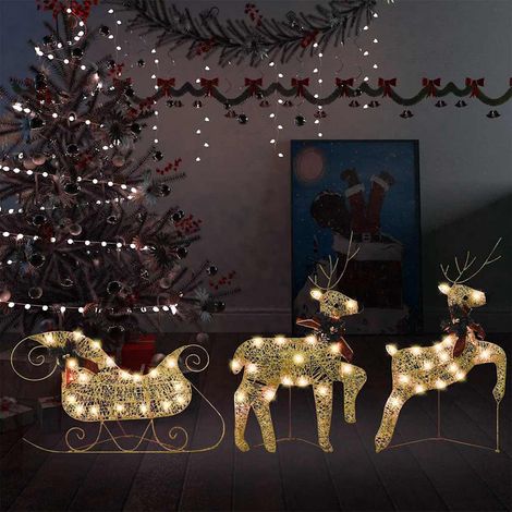 Décoration de Noël Renne avec Traîneau Lumineux 60 LED Maille Dorée Extérieur Intérieur - PANGIVO (1/5)