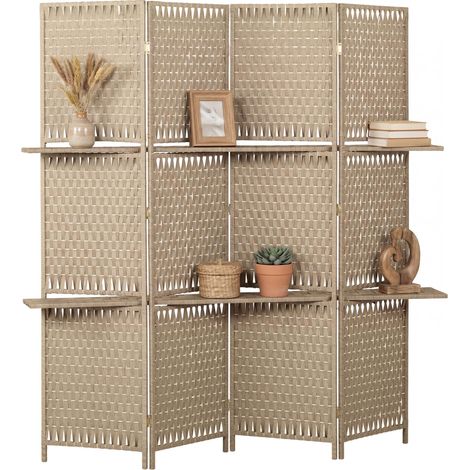 Séparateur de pièces pliable 4 panneaux avec 2 étagères, finition naturelle paille, idéal pour diviser l'espace et offrir un rangement décoratif pratique. (1/3)