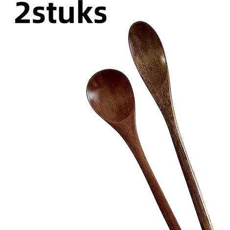 Ensemble de 2 cuillères en bois massif à long manche style vintage pour mélanger café lait en poudre miel et autres préparations culinaires couleur marron (1/5)