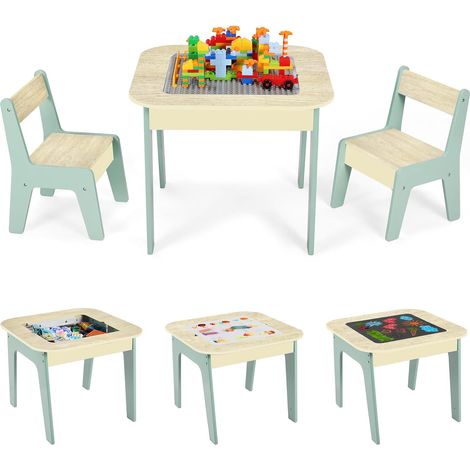 Tavolo per bambini con 2 sedie, tavolo per attività, tavolo da disegno per bambini, gruppo di sedute, set tavolo e sedie, tavolo con mattoncini (verde)