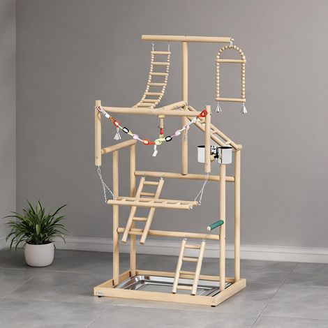 Perchoir pour oiseaux à 4 paliers en bois naturel avec plateau (1/5)