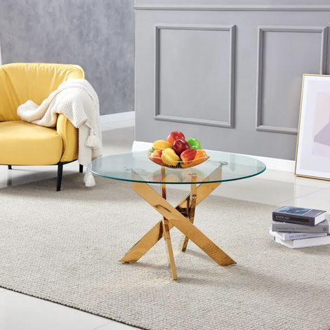 Homy France – Table basse ronde en verre trempé avec pieds en acier doré – Style moderne et élégant – Pour salon contemporain (1/2)
