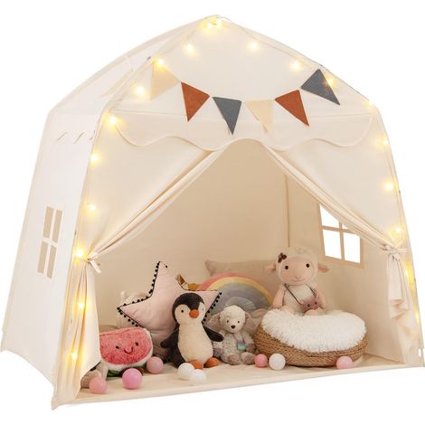 Pour Jouer et Dormir Tente Cabane Enfant Beige Convertible Lit avec Guirlande Lumineuse et Fenêtres Respirantes (1/5)