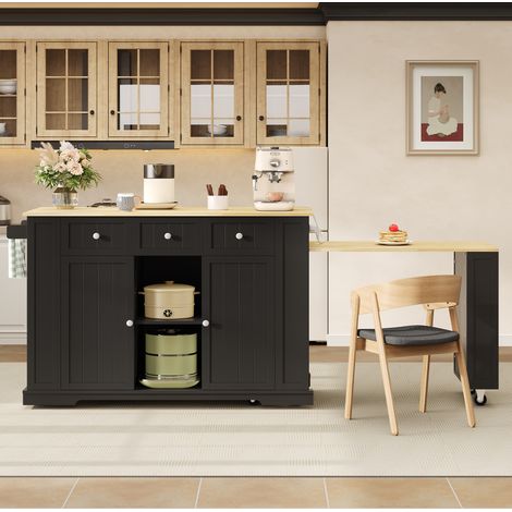 Îlot de cuisine mobile avec table extensible, prises USB, MDF noir et bois HAVRYA (1/5)