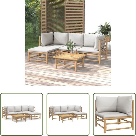 Bambusmöbel -  5-tlg. Garten-Lounge-Set mit Hellgrauen Kissen Bambus (1/5)