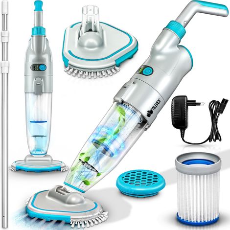 tillvex Poolsauger mit Akku und 3,6 m Teleskopstange - bis zu 15 m³ Pool Bodensauger elektrisch Poolreiniger mit Filter & 2-Geschwindigkeits-System Handsauger Reinigungsset kabellos (1/5)