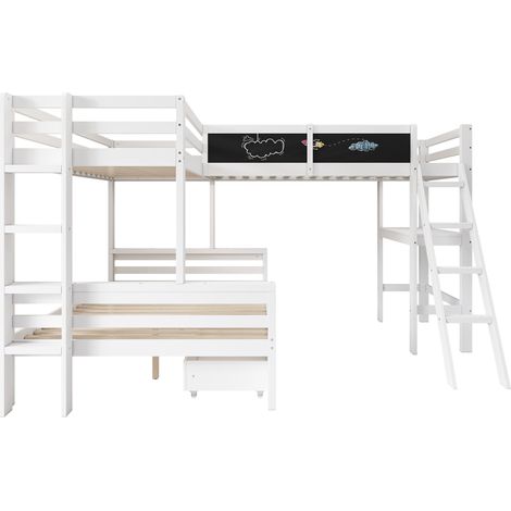 Cama alta infantil con escritorio y almacenaje 140x200 cm y 90x200 cm blanca HOMVRA (1/5)