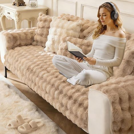 Thick Faux Rabbit Fur Sofa Cover - Non-Slip Cover for 1, 2 and 3 Seater Sofas, Super Soft, Corner Sofa Protector for Living Room, Children and Pets (Brown, 90x180cm) (1/5)