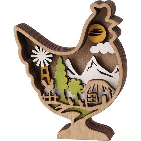Ornement en bois sculpté représentant une poule et un paysage de montagne, modèle de décoration intérieure raffiné et coloré. (1/5)
