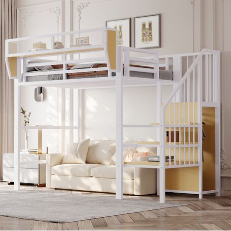 Cama alta 90/200 cm de metal blanco con escalera de seguridad y estante ajustable (1/5)
