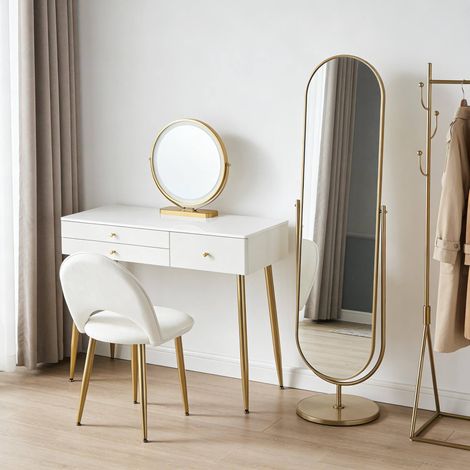 Tocador de MDF, metal y PVC, blanco y dorado, con espejo LED y silla (1/5)