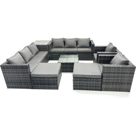 Fimous Outdoor Rattan Garden Furniture Set 10 Seater Patio Lounge Sofa Set with Armchair Square Coffee Table Side Table 2 Big Footstool Dark Grey Mixed (1/5)