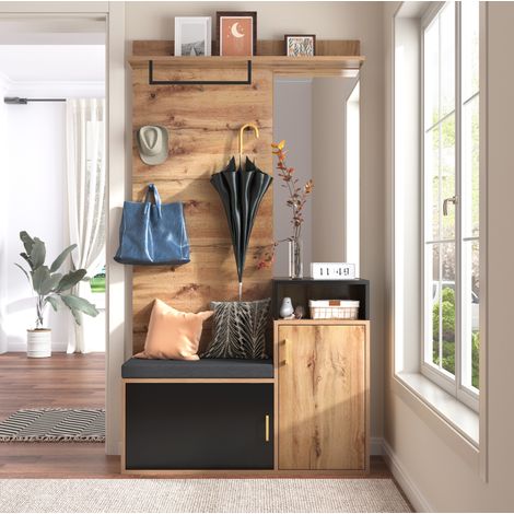 Conjunto de recibidor 105x40x191.5 cm negro y madera en MDF y aglomerado con espejo, banco y zapatero (1/5)