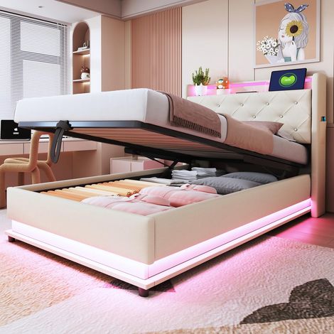 Lit bébé 90 x 200 cm lin beige, tête relevable, rangement hydraulique, led multicolores et prise usb (1/5)