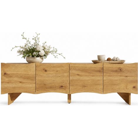CHICFURN Mueble TV 155 cm efecto madera natural, 4 puertas onduladas y pasacables (1/5)