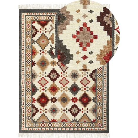 Wool Area Rug Multicolour 140 x 200 cm Hand Woven Kilim Rug Rustic Oriental Design GHUKASAVAN