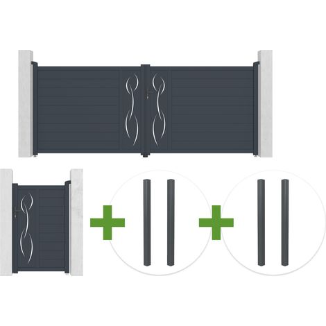 Portail battant 4m LIFE H.160cm aluminium gris + Portillon 1m LIFE H.160cm + 4 poteaux ELDA (1/5)