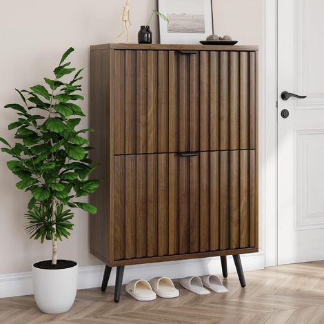 Meuble de Rangement à Chaussures avec 2 Tiroirs Rabattables, 60cm Bibliothèque à Chaussures Design Cannelé en Noyer, Organisateur de Chaussures Autoportant pour Entrée, Couloir, Salon (1/5)
