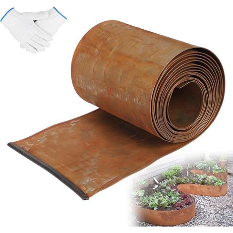 Bordure de pelouse acier 5 m x 20 cm Bordure de parterre métal aspect rouille Bordure de pelouse flexible 1 paire de gants délimiter les parterres de fleurs les allées (1/5)