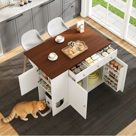 Isla de cocina extensible con 3 cajones, 2 puertas, hueco para gato, MDF blanco y nogal HAVRYA (1/5)